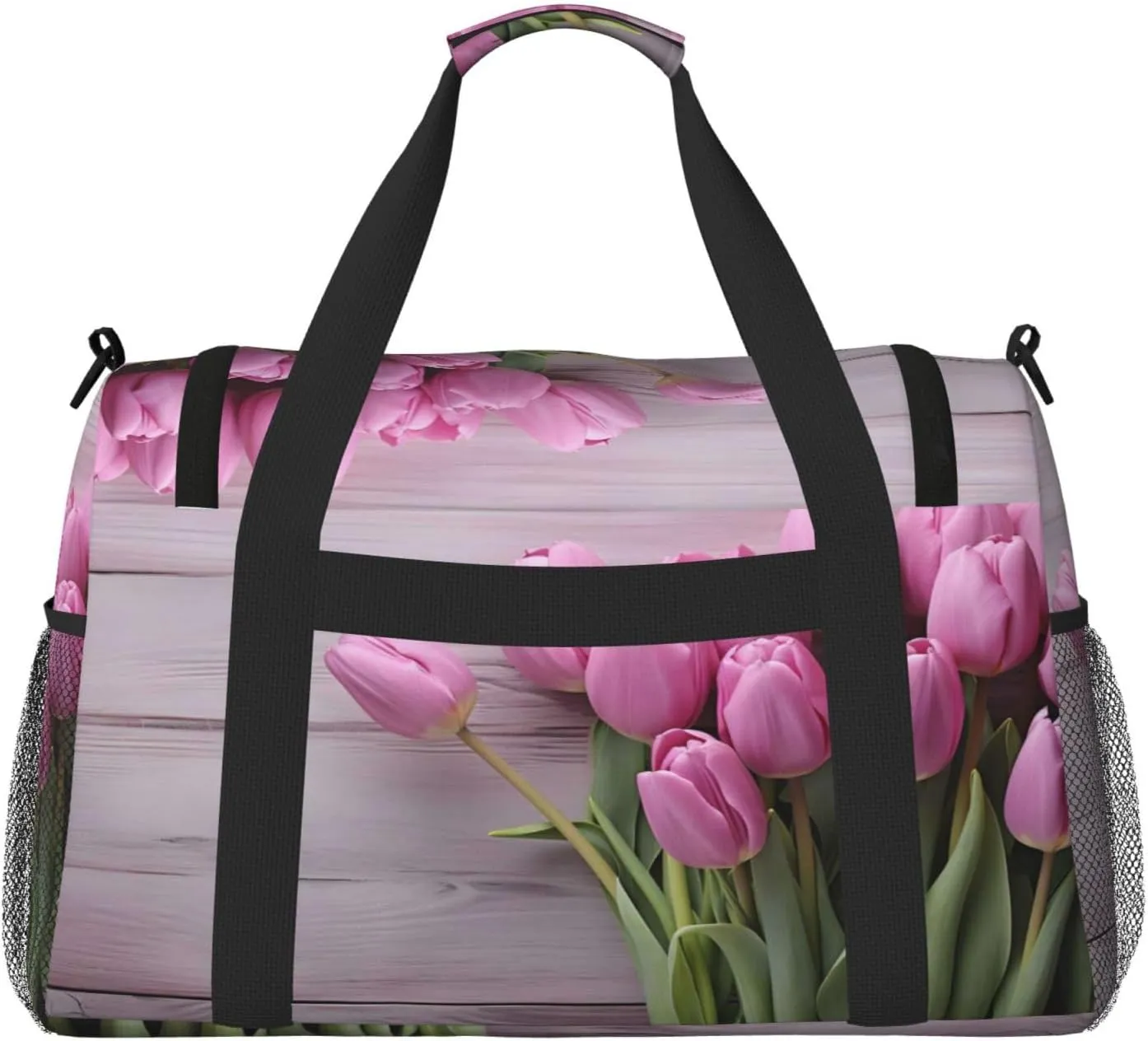 Travel Duffel Bag For Men Women, Purple Tulips Wooden Grain Carry On Sport Gym Bag With Shoulder Strap Lightweight Waterproof Weekender Bag Overnight Bag