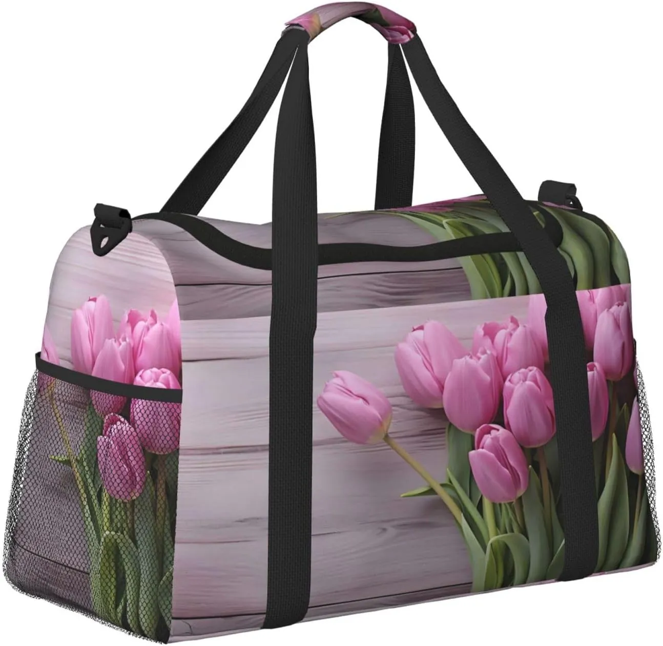 Travel Duffel Bag For Men Women, Purple Tulips Wooden Grain Carry On Sport Gym Bag With Shoulder Strap Lightweight Waterproof Weekender Bag Overnight Bag
