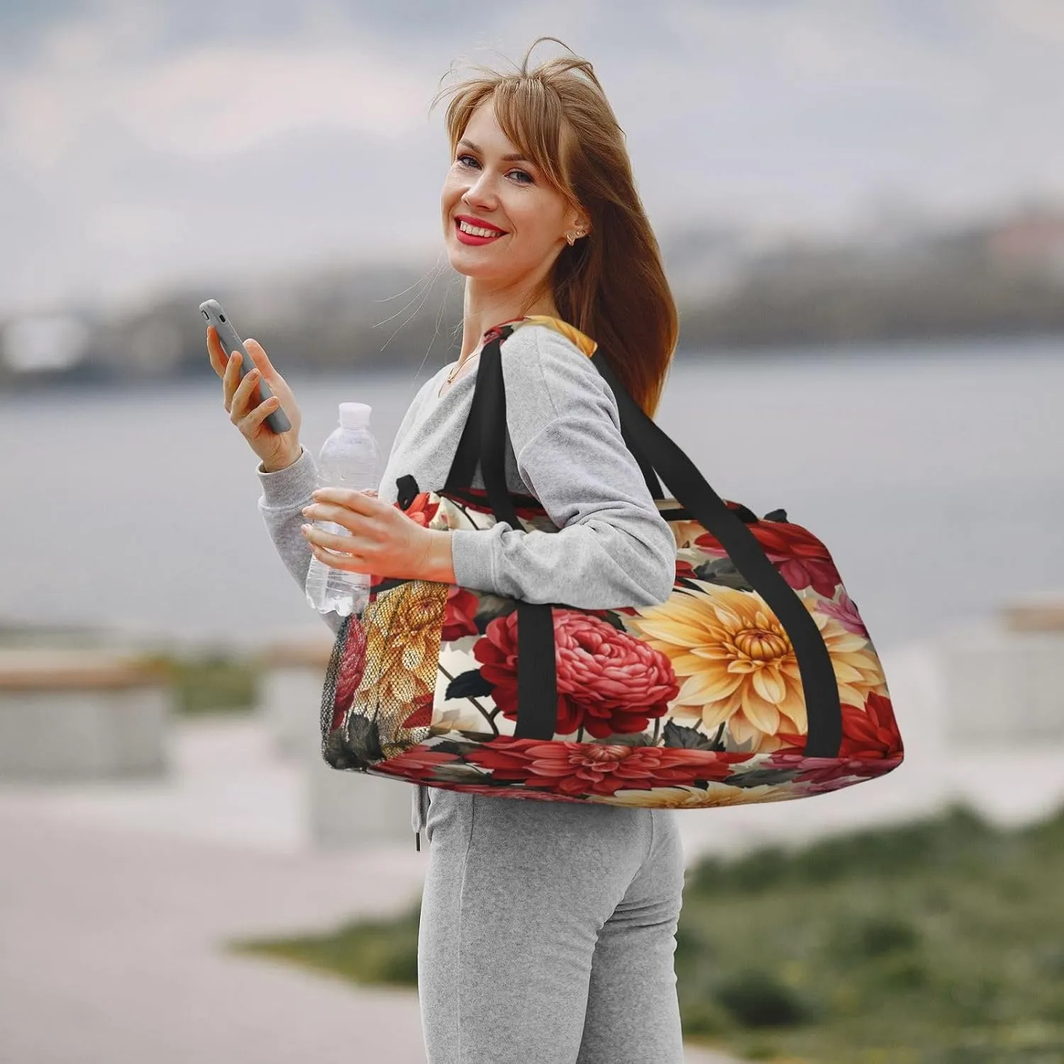 Travel Duffel Bag For Men Women, Red Flora Dahlias Pattern Carry On Sport Gym Bag With Shoulder Strap Lightweight Waterproof Weekender Bag Overnight Bag