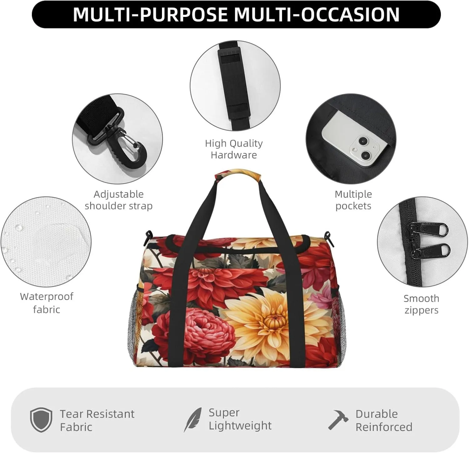 Travel Duffel Bag For Men Women, Red Flora Dahlias Pattern Carry On Sport Gym Bag With Shoulder Strap Lightweight Waterproof Weekender Bag Overnight Bag