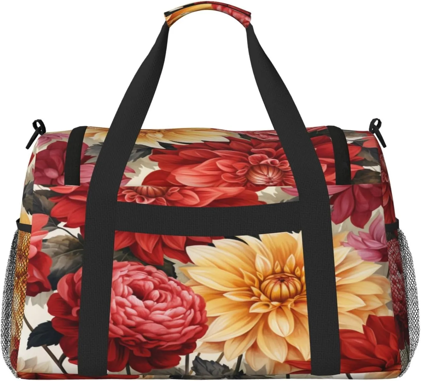 Travel Duffel Bag For Men Women, Red Flora Dahlias Pattern Carry On Sport Gym Bag With Shoulder Strap Lightweight Waterproof Weekender Bag Overnight Bag