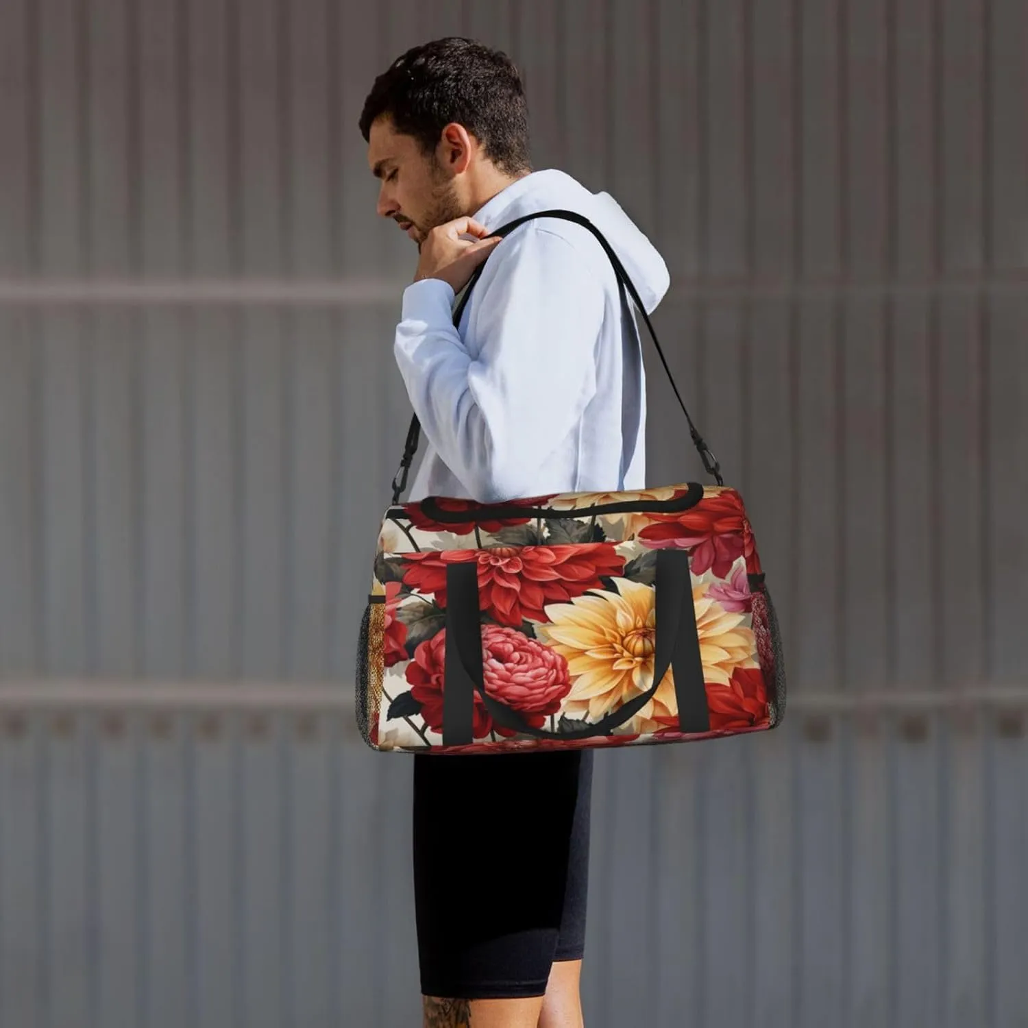 Travel Duffel Bag For Men Women, Red Flora Dahlias Pattern Carry On Sport Gym Bag With Shoulder Strap Lightweight Waterproof Weekender Bag Overnight Bag