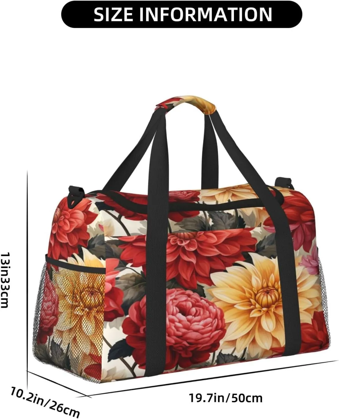 Travel Duffel Bag For Men Women, Red Flora Dahlias Pattern Carry On Sport Gym Bag With Shoulder Strap Lightweight Waterproof Weekender Bag Overnight Bag