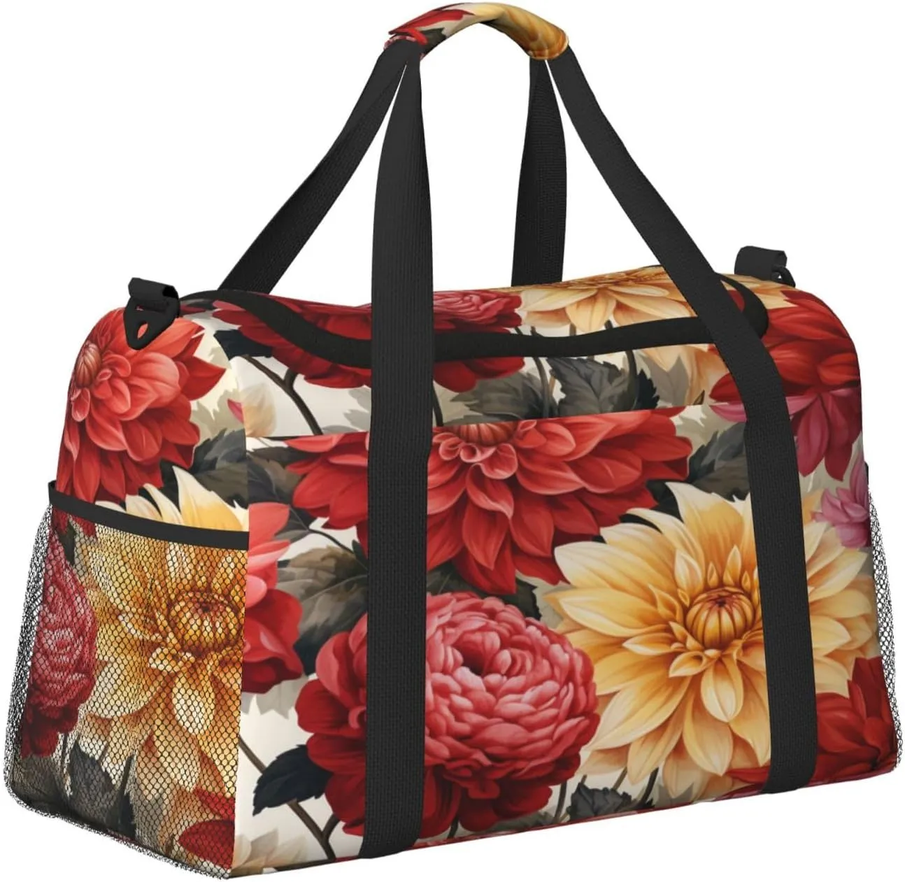 Travel Duffel Bag For Men Women, Red Flora Dahlias Pattern Carry On Sport Gym Bag With Shoulder Strap Lightweight Waterproof Weekender Bag Overnight Bag