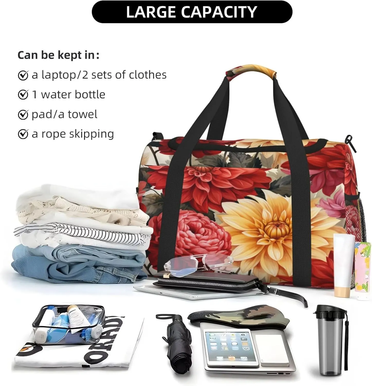 Travel Duffel Bag For Men Women, Red Flora Dahlias Pattern Carry On Sport Gym Bag With Shoulder Strap Lightweight Waterproof Weekender Bag Overnight Bag