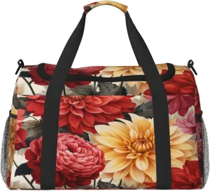 Travel Duffel Bag For Men Women, Red Flora Dahlias Pattern Carry On Sport Gym Bag With Shoulder Strap Lightweight Waterproof Weekender Bag Overnight Bag
