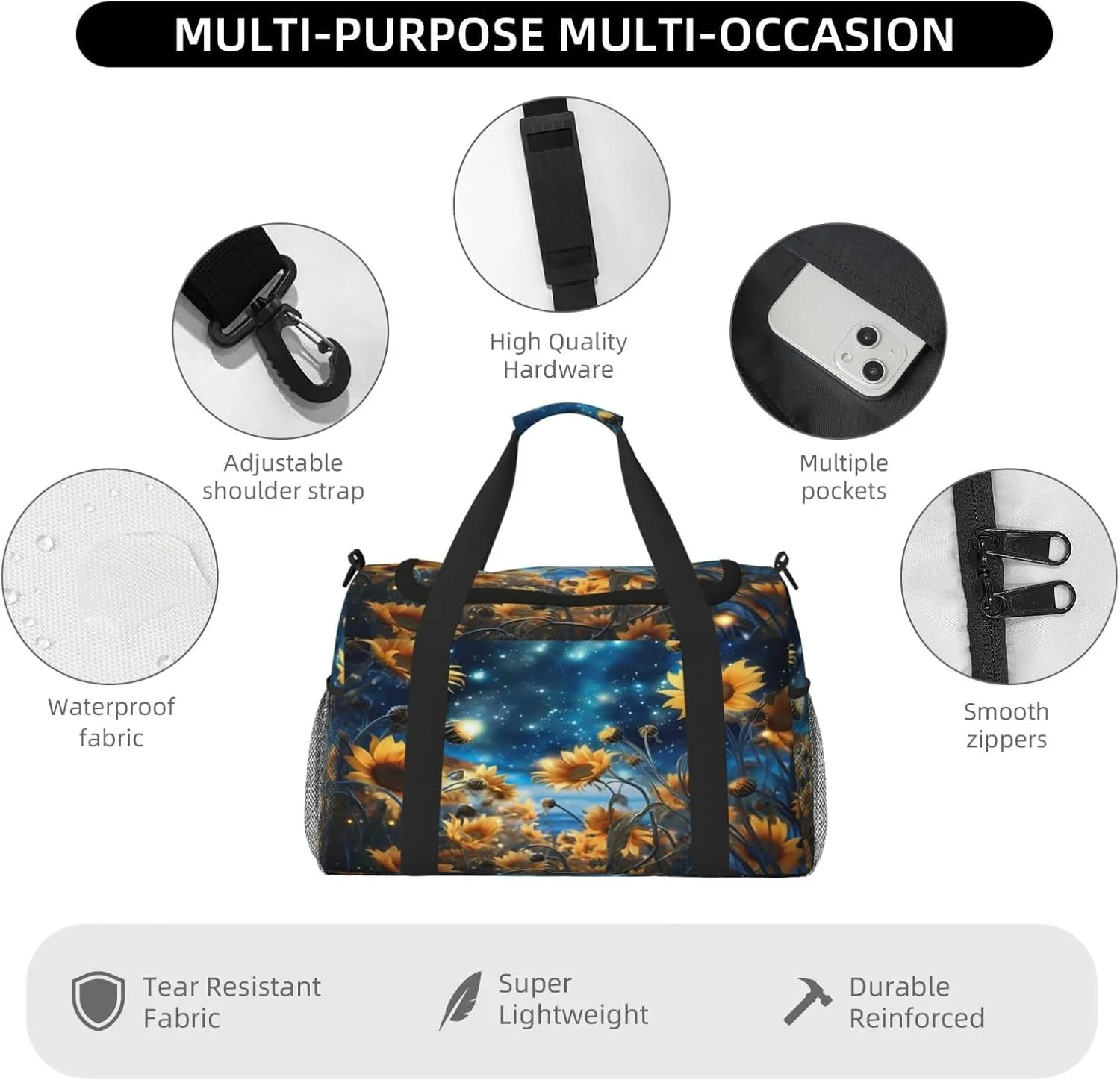 Travel Duffel Bag For Men Women, Sunflower Starry Night Galaxy Carry On Sport Gym Bag With Shoulder Strap Lightweight Waterproof Weekender Bag Overnight Bag