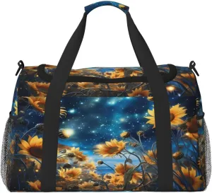 Travel Duffel Bag For Men Women, Sunflower Starry Night Galaxy Carry On Sport Gym Bag With Shoulder Strap Lightweight Waterproof Weekender Bag Overnight Bag