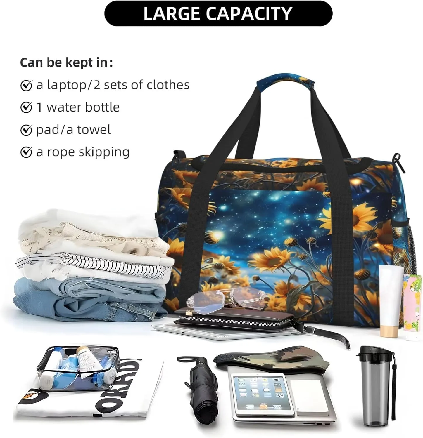 Travel Duffel Bag For Men Women, Sunflower Starry Night Galaxy Carry On Sport Gym Bag With Shoulder Strap Lightweight Waterproof Weekender Bag Overnight Bag