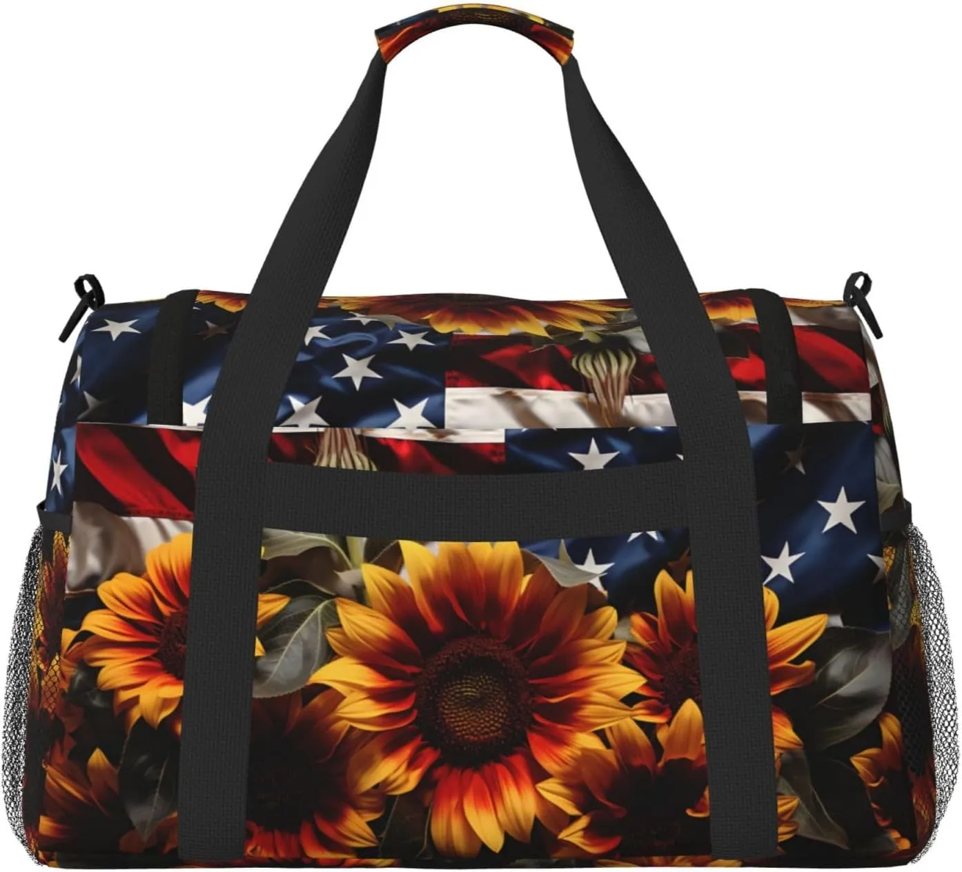 Travel Duffel Bag For Men Women, Sunflowers Floral Usa Flag Carry On Sport Gym Bag With Shoulder Strap Lightweight Waterproof Weekender Bag Overnight Bag