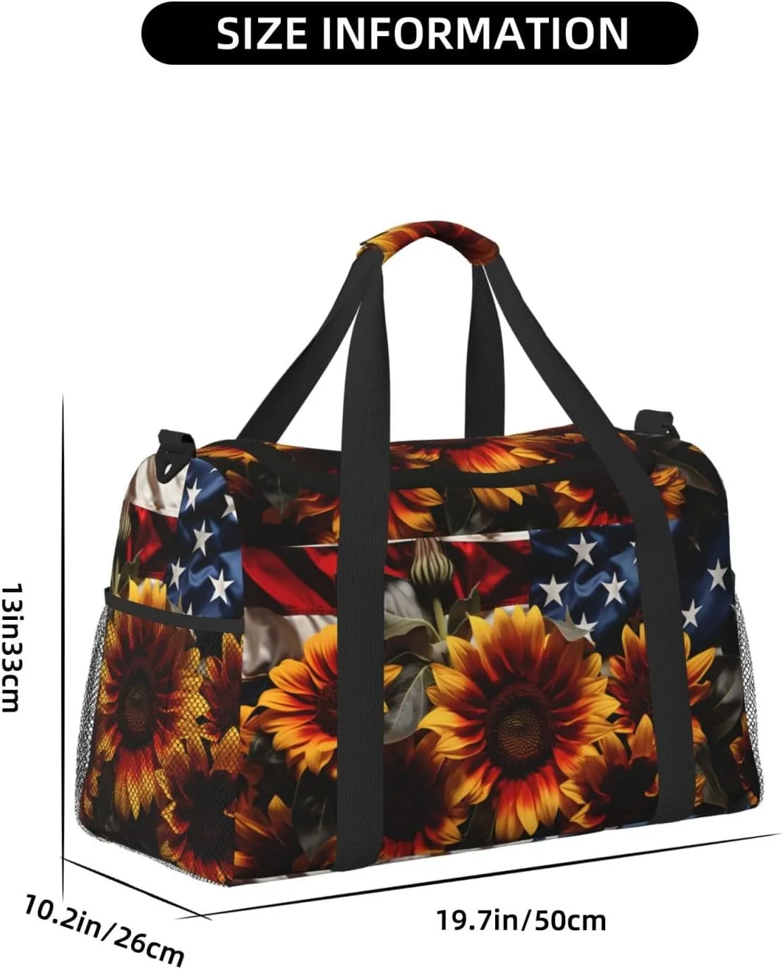 Travel Duffel Bag For Men Women, Sunflowers Floral Usa Flag Carry On Sport Gym Bag With Shoulder Strap Lightweight Waterproof Weekender Bag Overnight Bag
