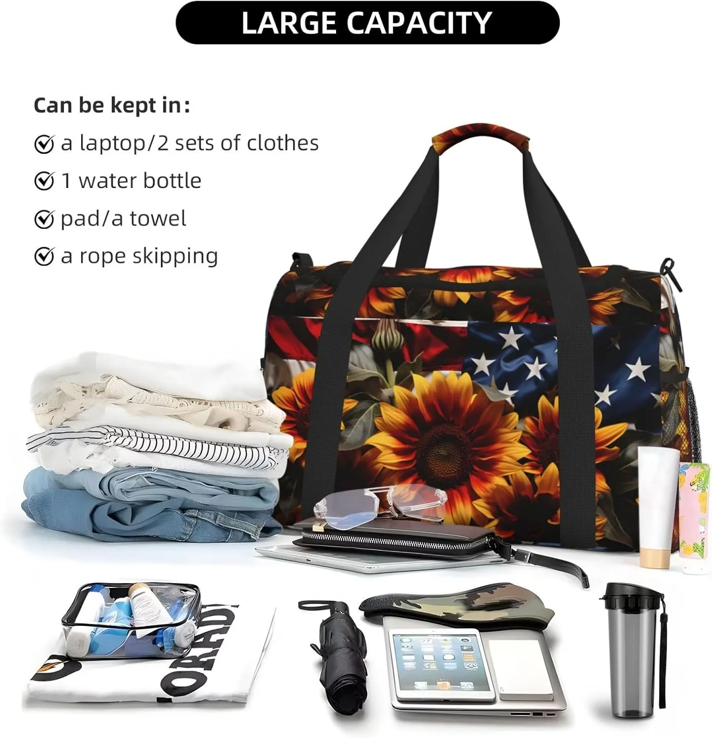 Travel Duffel Bag For Men Women, Sunflowers Floral Usa Flag Carry On Sport Gym Bag With Shoulder Strap Lightweight Waterproof Weekender Bag Overnight Bag