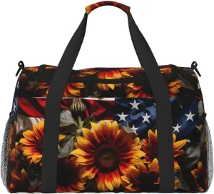 Travel Duffel Bag For Men Women, Sunflowers Floral Usa Flag Carry On Sport Gym Bag With Shoulder Strap Lightweight Waterproof Weekender Bag Overnight Bag