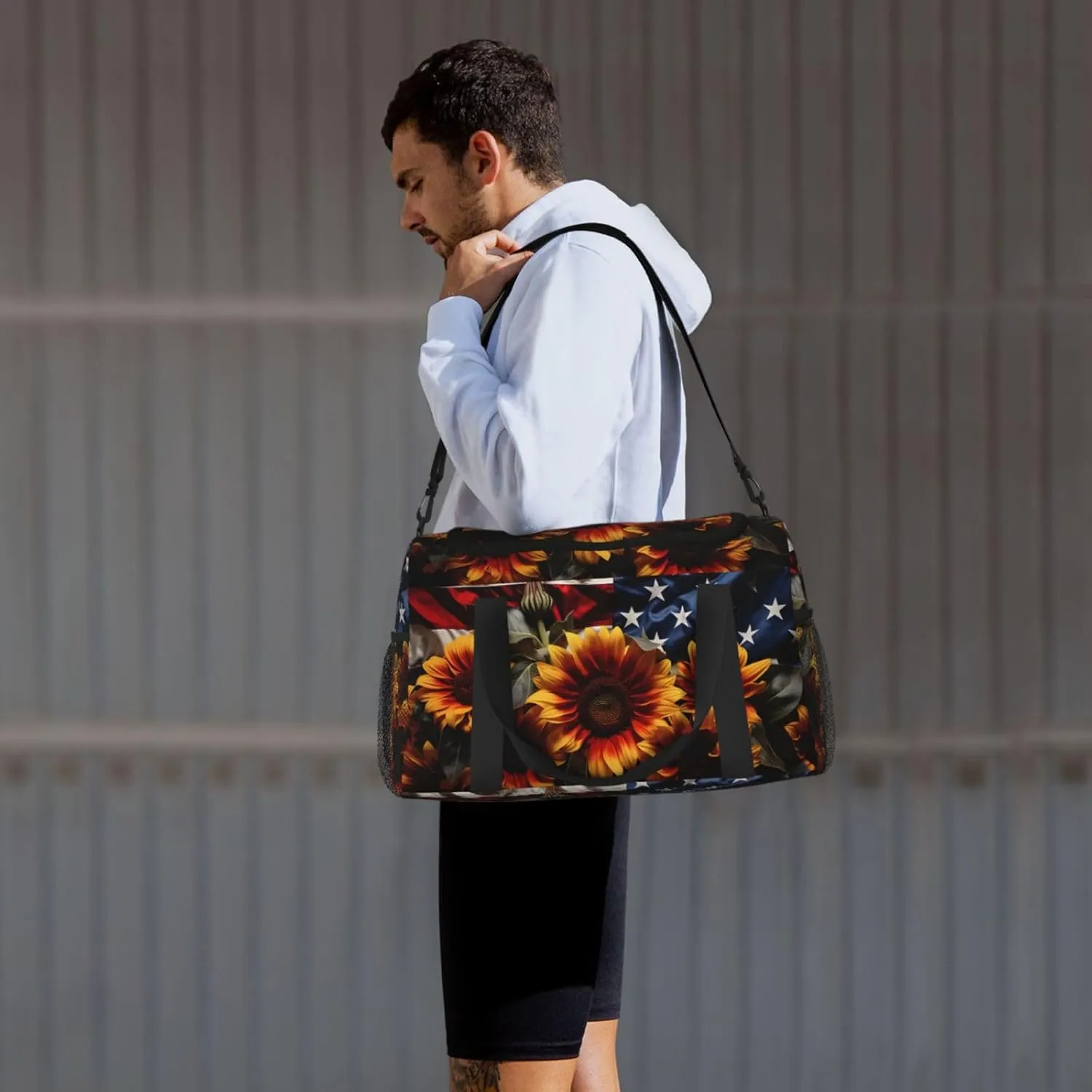 Travel Duffel Bag For Men Women, Sunflowers Floral Usa Flag Carry On Sport Gym Bag With Shoulder Strap Lightweight Waterproof Weekender Bag Overnight Bag