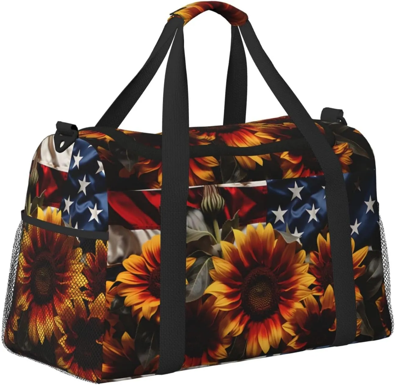 Travel Duffel Bag For Men Women, Sunflowers Floral Usa Flag Carry On Sport Gym Bag With Shoulder Strap Lightweight Waterproof Weekender Bag Overnight Bag