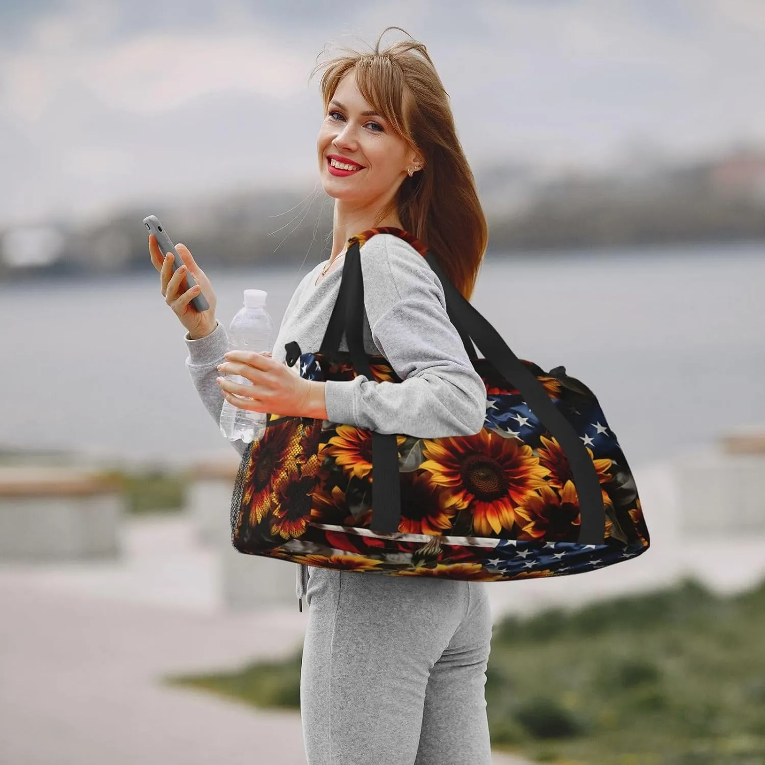 Travel Duffel Bag For Men Women, Sunflowers Floral Usa Flag Carry On Sport Gym Bag With Shoulder Strap Lightweight Waterproof Weekender Bag Overnight Bag