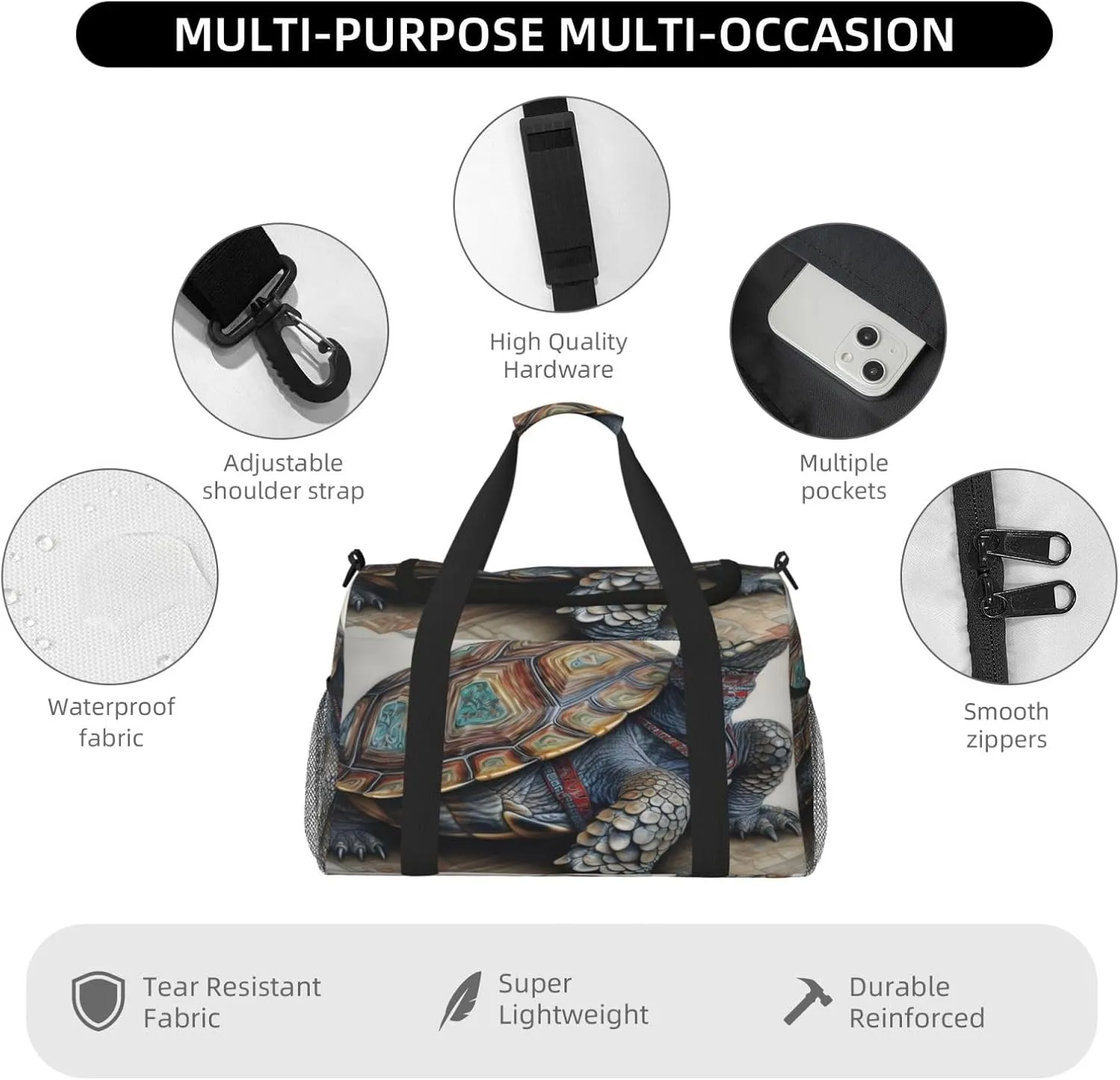 Travel Duffel Bag For Men Women, Tortoise Art Painting Carry On Sport Gym Bag With Shoulder Strap Lightweight Waterproof Weekender Bag Overnight Bag