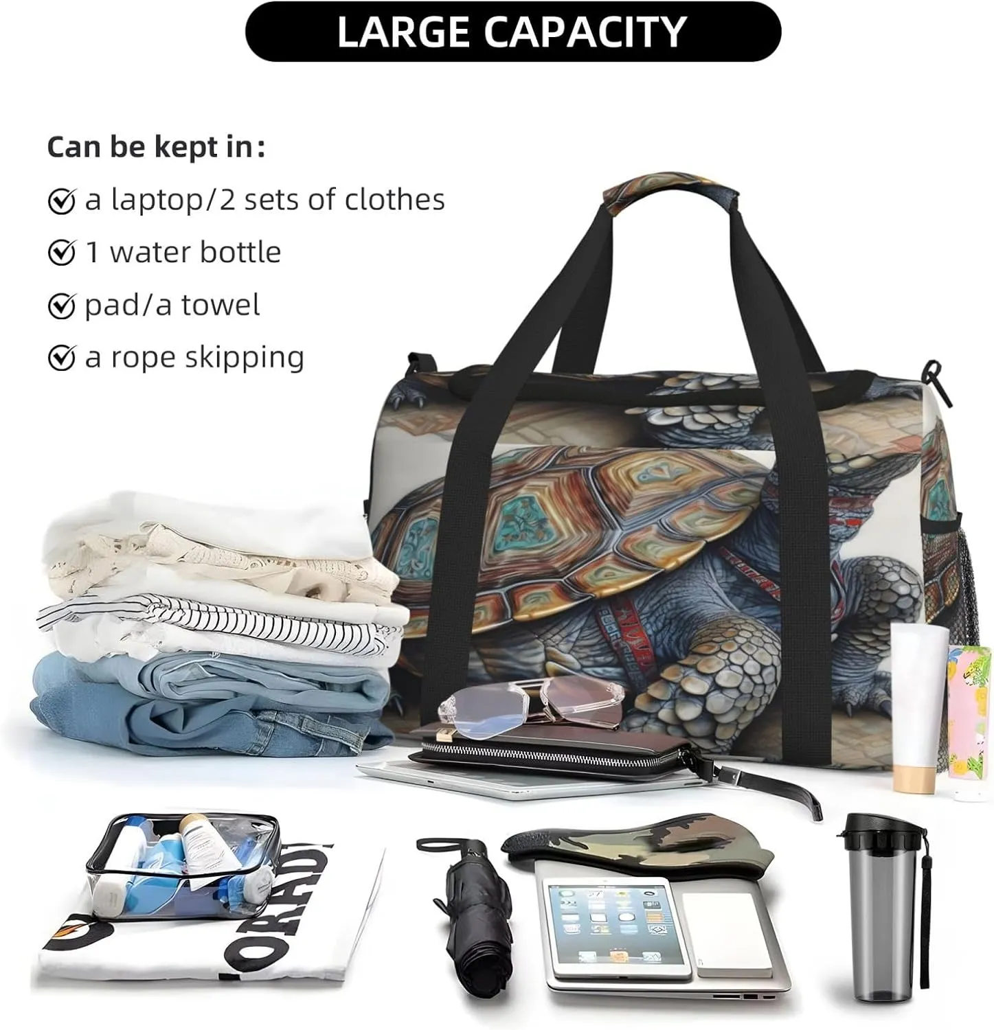 Travel Duffel Bag For Men Women, Tortoise Art Painting Carry On Sport Gym Bag With Shoulder Strap Lightweight Waterproof Weekender Bag Overnight Bag