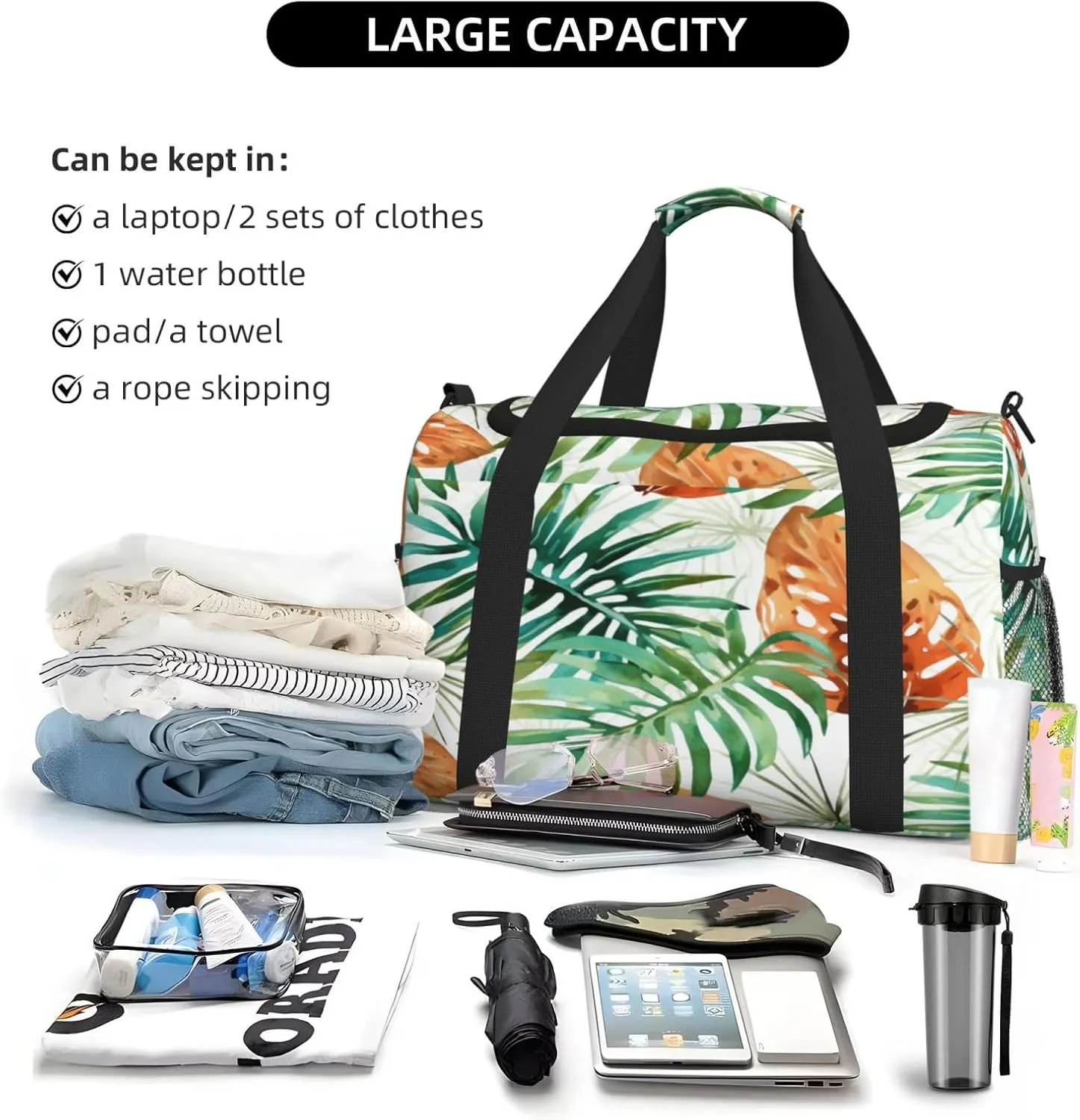 Travel Duffel Bag For Men Women, Tropical Palm Leaves Autumn Carry On Sport Gym Bag With Shoulder Strap Lightweight Waterproof Weekender Bag Overnight Bag