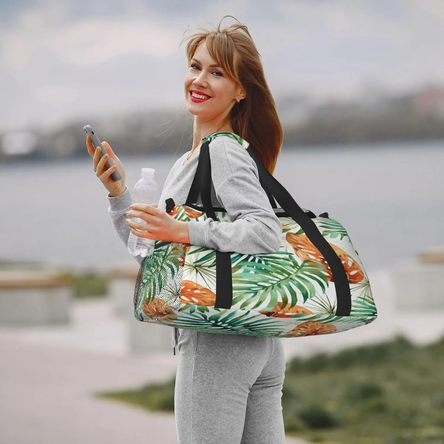 Travel Duffel Bag For Men Women, Tropical Palm Leaves Autumn Carry On Sport Gym Bag With Shoulder Strap Lightweight Waterproof Weekender Bag Overnight Bag