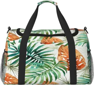 Travel Duffel Bag For Men Women, Tropical Palm Leaves Autumn Carry On Sport Gym Bag With Shoulder Strap Lightweight Waterproof Weekender Bag Overnight Bag
