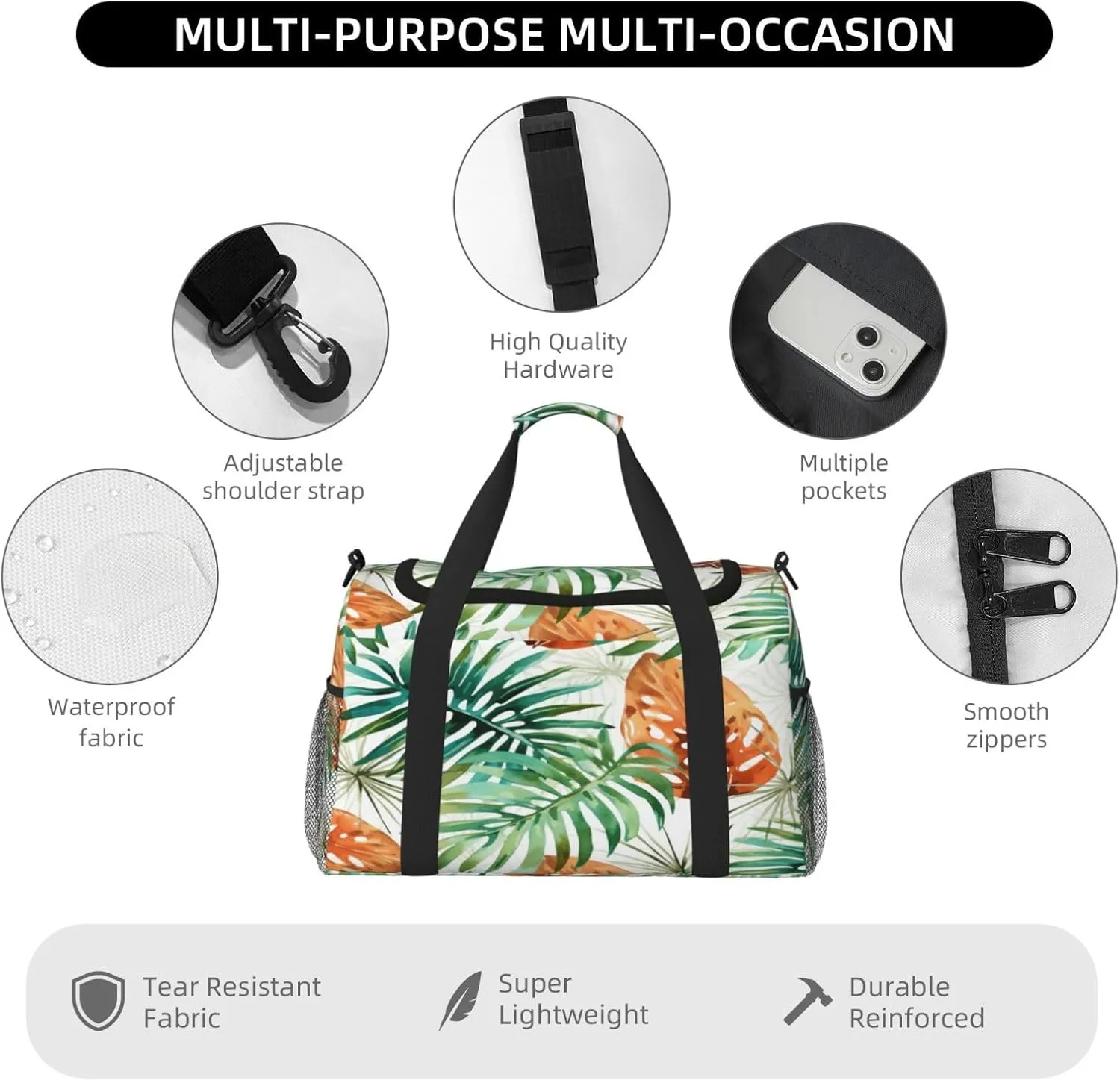 Travel Duffel Bag For Men Women, Tropical Palm Leaves Autumn Carry On Sport Gym Bag With Shoulder Strap Lightweight Waterproof Weekender Bag Overnight Bag