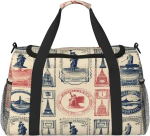 Travel Duffel Bag For Men Women, Vintage France Stamps Pattern Carry On Sport Gym Bag With Shoulder Strap Lightweight Waterproof Weekender Bag Overnight Bag