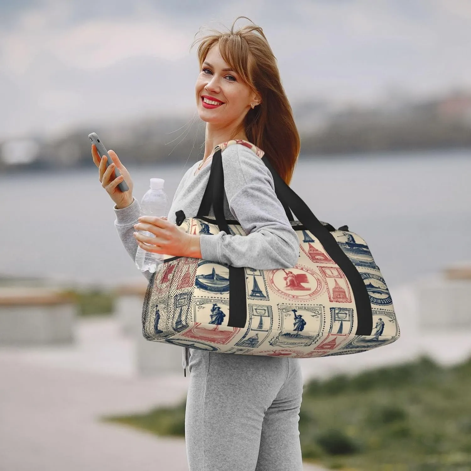 Travel Duffel Bag For Men Women, Vintage France Stamps Pattern Carry On Sport Gym Bag With Shoulder Strap Lightweight Waterproof Weekender Bag Overnight Bag