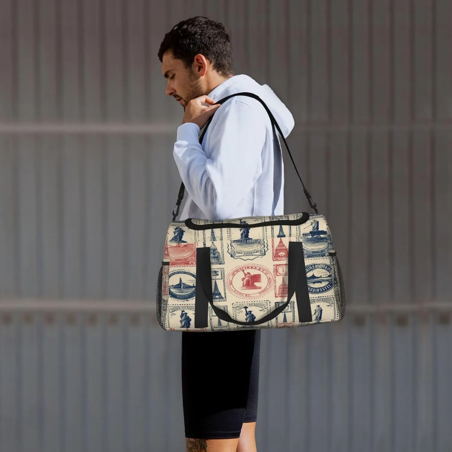 Travel Duffel Bag For Men Women, Vintage France Stamps Pattern Carry On Sport Gym Bag With Shoulder Strap Lightweight Waterproof Weekender Bag Overnight Bag
