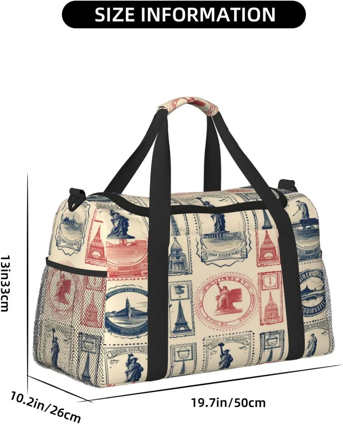 Travel Duffel Bag For Men Women, Vintage France Stamps Pattern Carry On Sport Gym Bag With Shoulder Strap Lightweight Waterproof Weekender Bag Overnight Bag