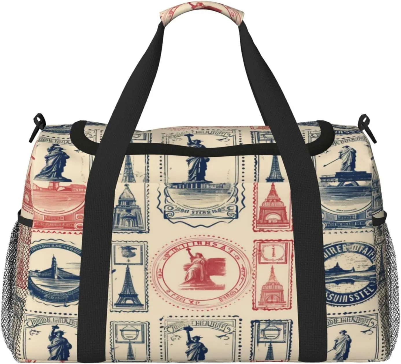 Travel Duffel Bag For Men Women, Vintage France Stamps Pattern Carry On Sport Gym Bag With Shoulder Strap Lightweight Waterproof Weekender Bag Overnight Bag