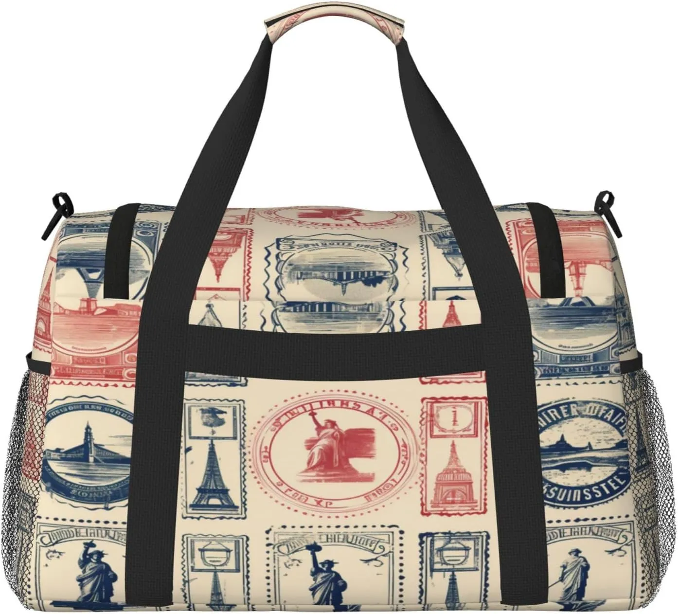 Travel Duffel Bag For Men Women, Vintage France Stamps Pattern Carry On Sport Gym Bag With Shoulder Strap Lightweight Waterproof Weekender Bag Overnight Bag