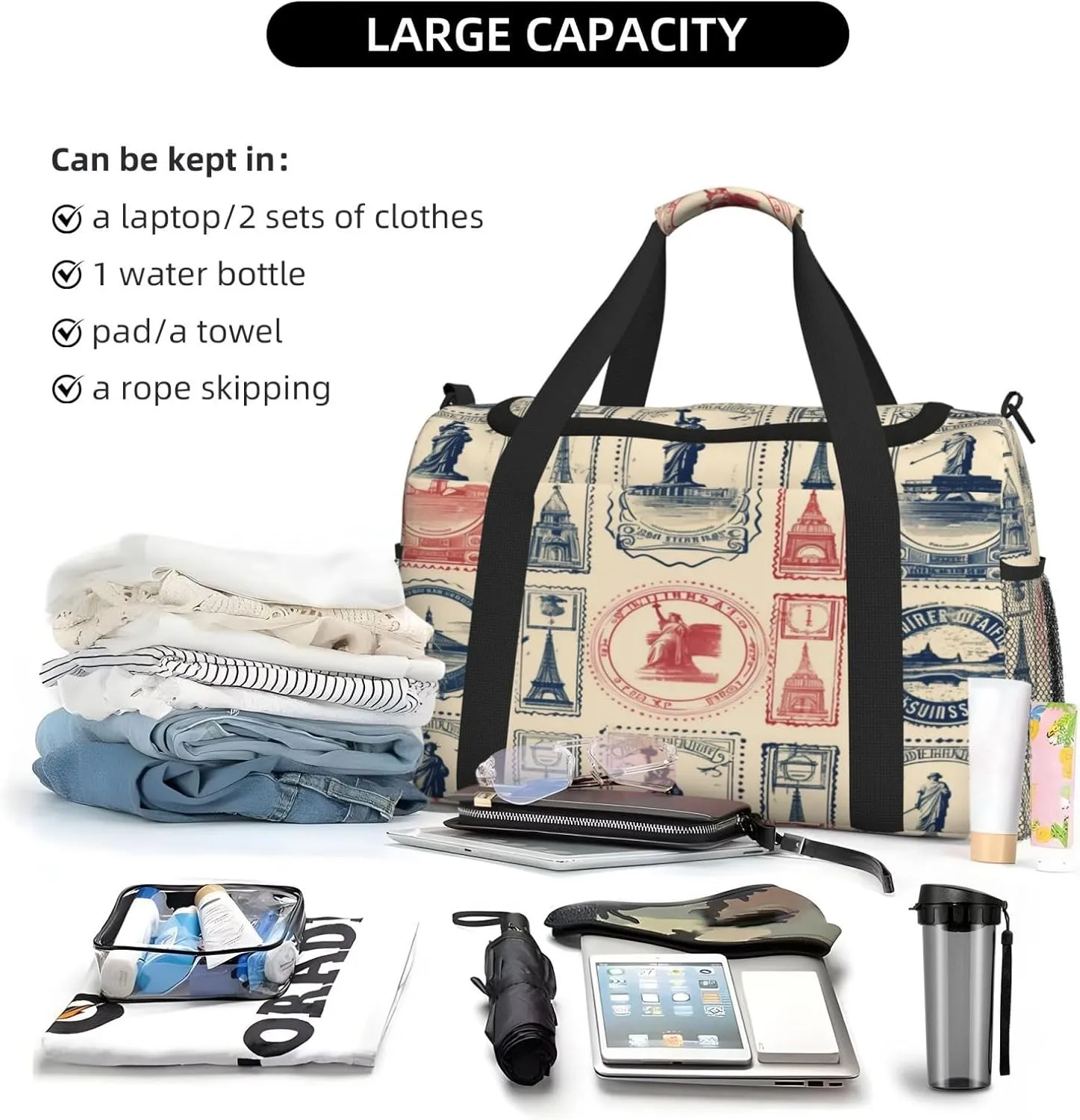 Travel Duffel Bag For Men Women, Vintage France Stamps Pattern Carry On Sport Gym Bag With Shoulder Strap Lightweight Waterproof Weekender Bag Overnight Bag