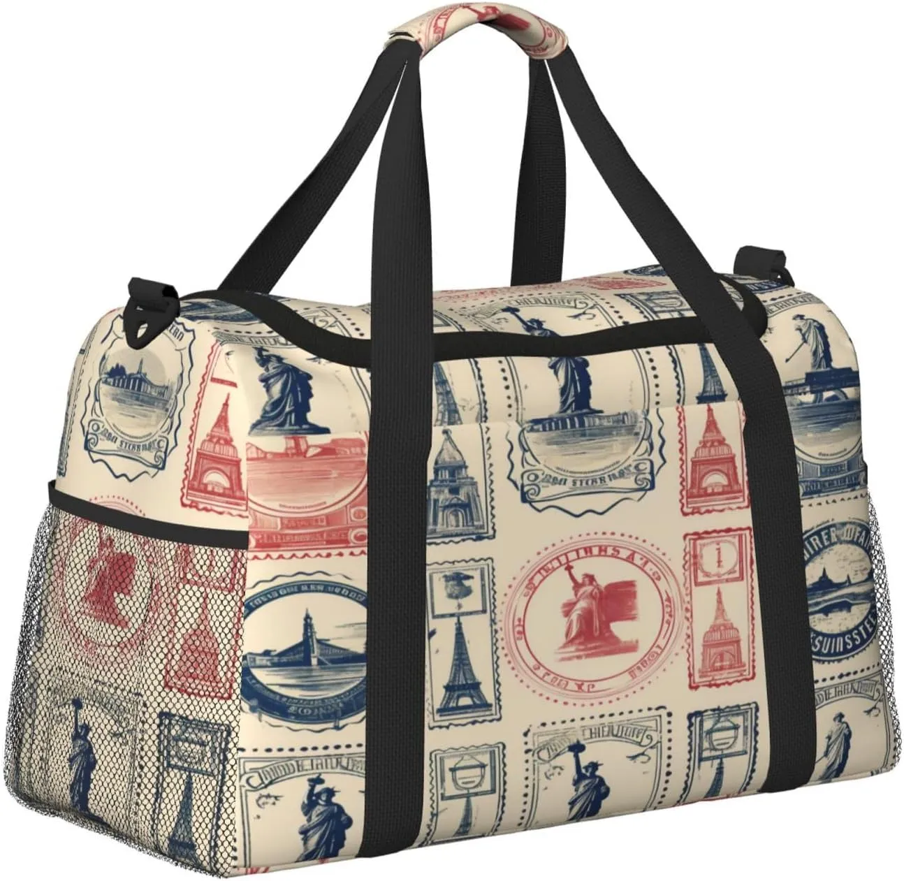 Travel Duffel Bag For Men Women, Vintage France Stamps Pattern Carry On Sport Gym Bag With Shoulder Strap Lightweight Waterproof Weekender Bag Overnight Bag