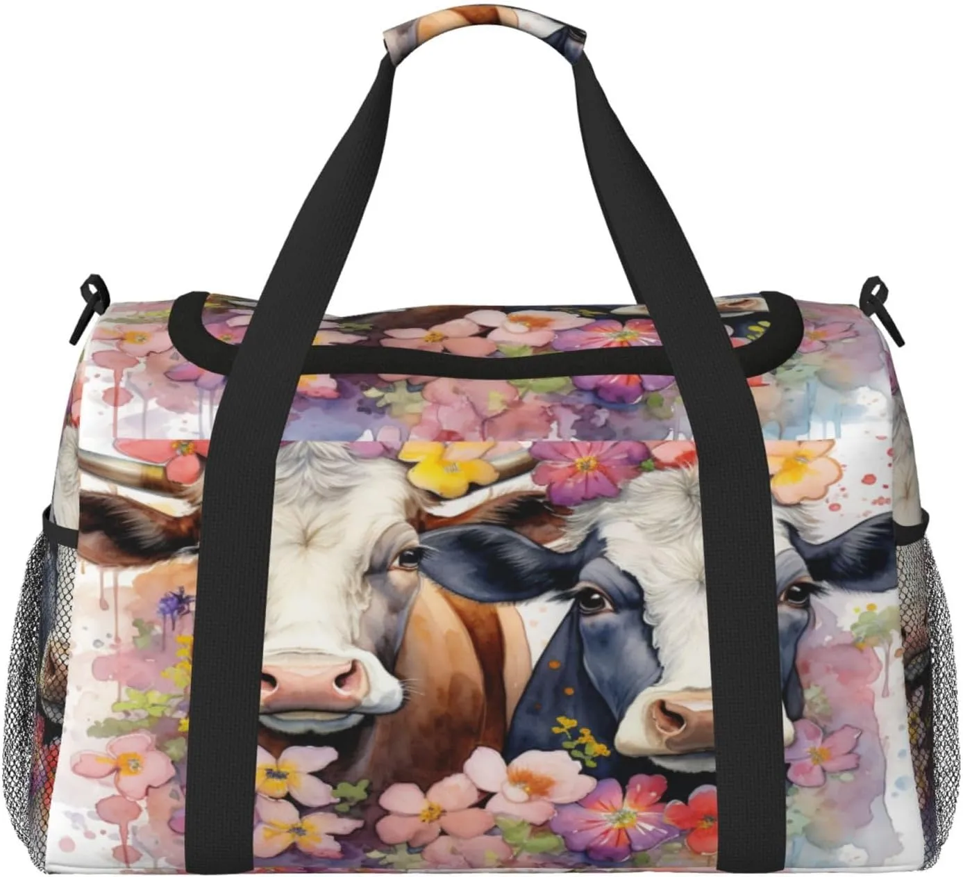 Travel Duffel Bag For Men Women, Watercolor Floral Cows Painted Farm Animal Carry On Sport Gym Bag With Shoulder Strap Lightweight Waterproof Weekender Bag Overnight Bag