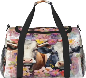 Travel Duffel Bag For Men Women, Watercolor Floral Cows Painted Farm Animal Carry On Sport Gym Bag With Shoulder Strap Lightweight Waterproof Weekender Bag Overnight Bag