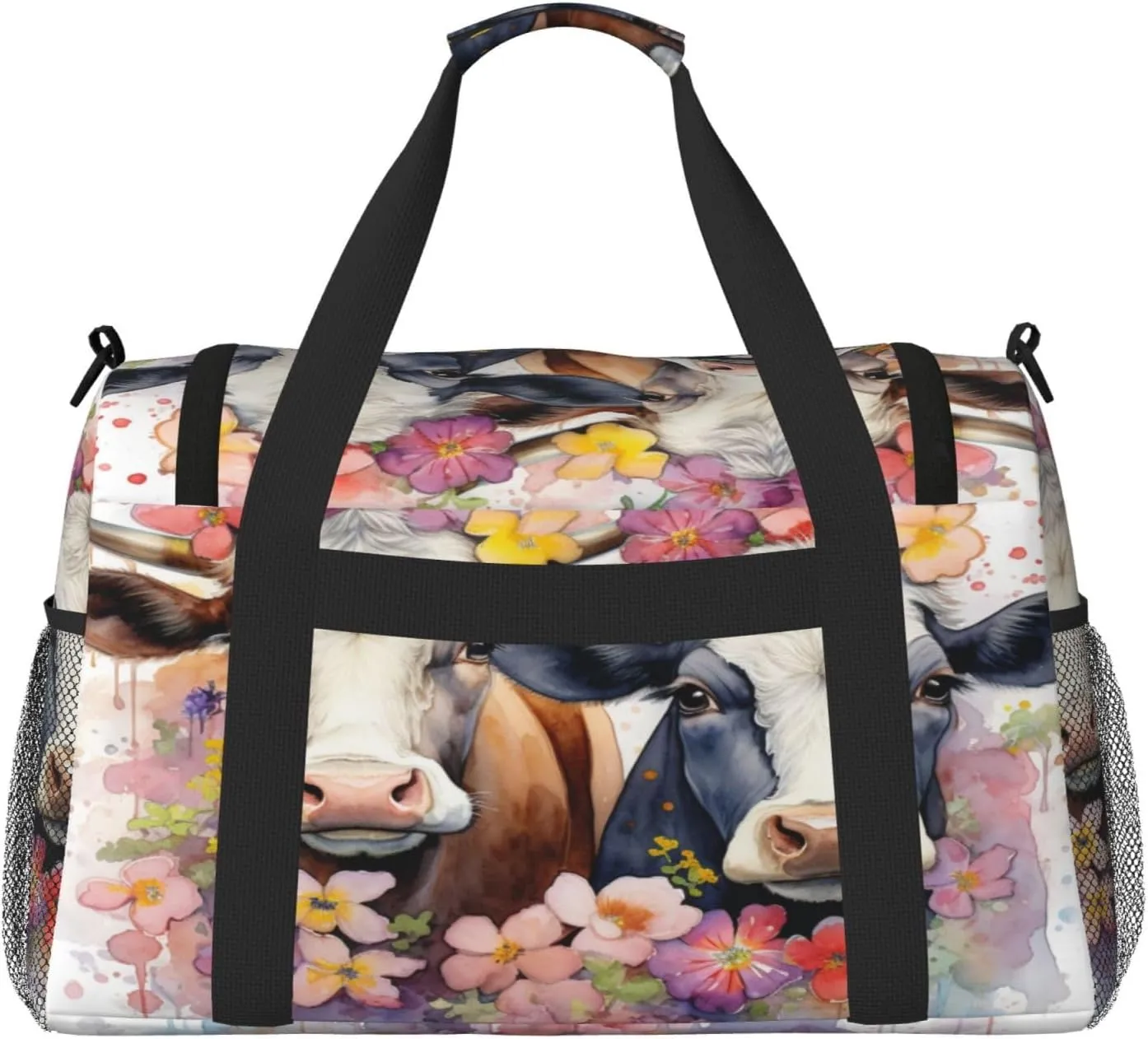 Travel Duffel Bag For Men Women, Watercolor Floral Cows Painted Farm Animal Carry On Sport Gym Bag With Shoulder Strap Lightweight Waterproof Weekender Bag Overnight Bag