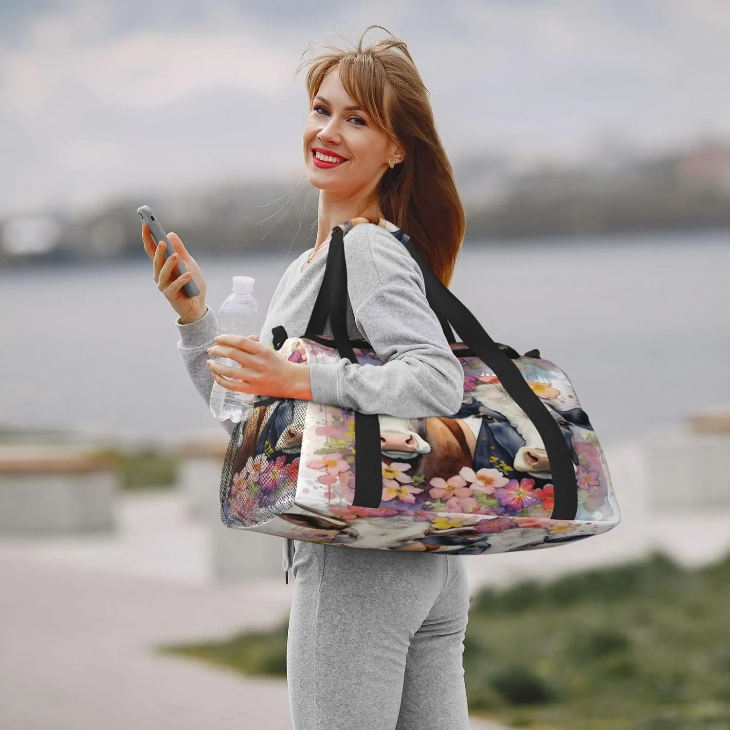 Travel Duffel Bag For Men Women, Watercolor Floral Cows Painted Farm Animal Carry On Sport Gym Bag With Shoulder Strap Lightweight Waterproof Weekender Bag Overnight Bag