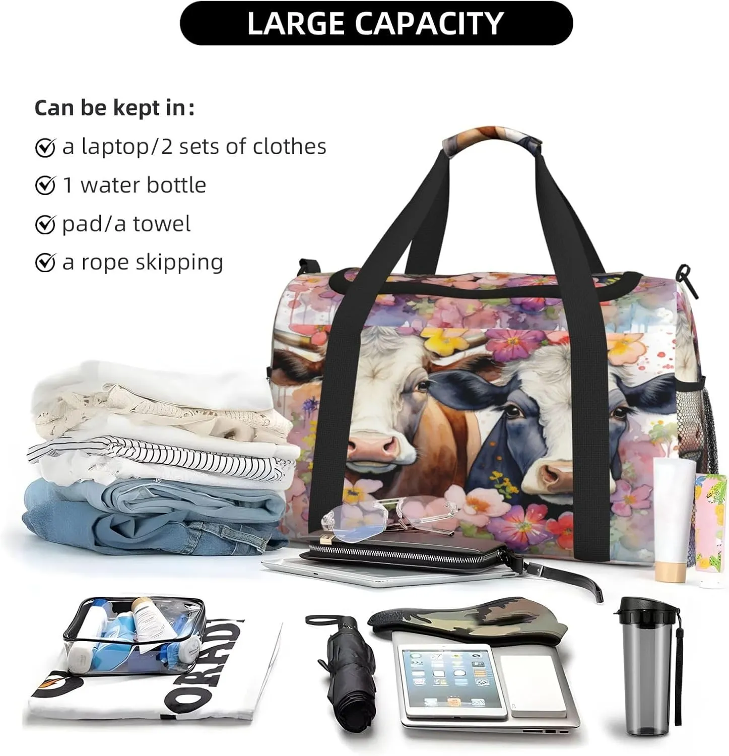 Travel Duffel Bag For Men Women, Watercolor Floral Cows Painted Farm Animal Carry On Sport Gym Bag With Shoulder Strap Lightweight Waterproof Weekender Bag Overnight Bag