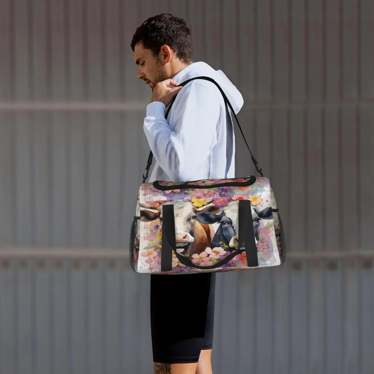 Travel Duffel Bag For Men Women, Watercolor Floral Cows Painted Farm Animal Carry On Sport Gym Bag With Shoulder Strap Lightweight Waterproof Weekender Bag Overnight Bag