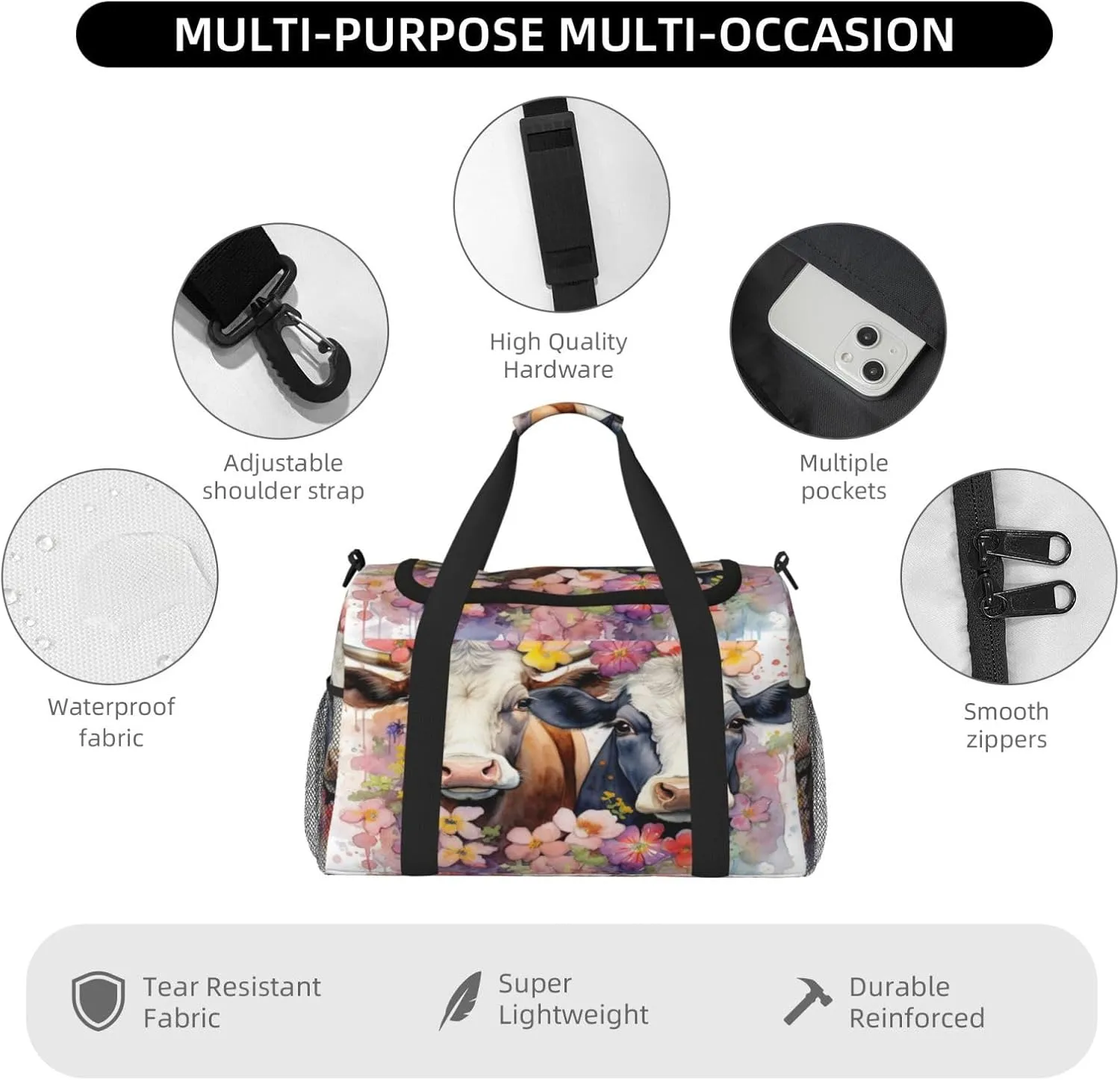 Travel Duffel Bag For Men Women, Watercolor Floral Cows Painted Farm Animal Carry On Sport Gym Bag With Shoulder Strap Lightweight Waterproof Weekender Bag Overnight Bag