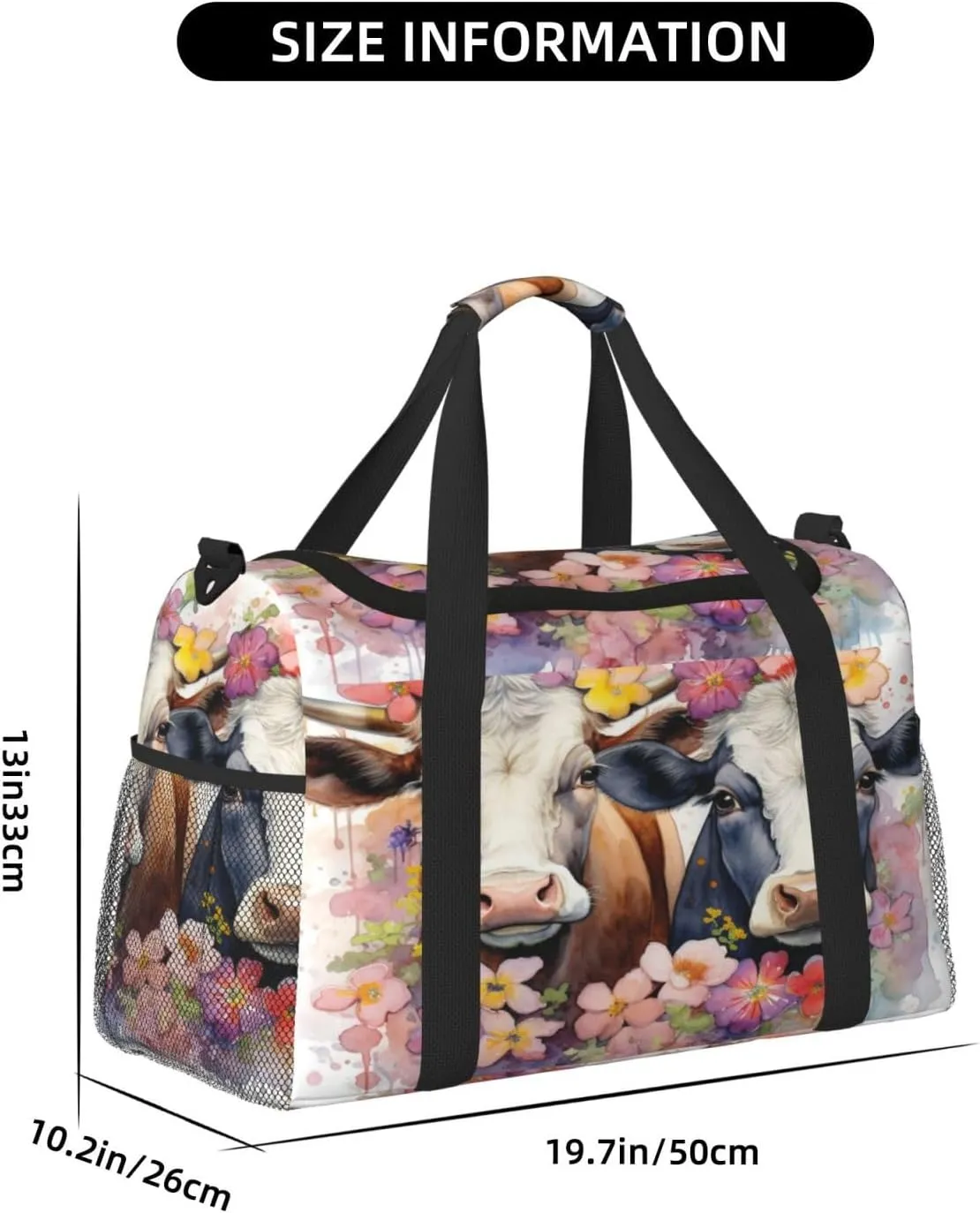 Travel Duffel Bag For Men Women, Watercolor Floral Cows Painted Farm Animal Carry On Sport Gym Bag With Shoulder Strap Lightweight Waterproof Weekender Bag Overnight Bag