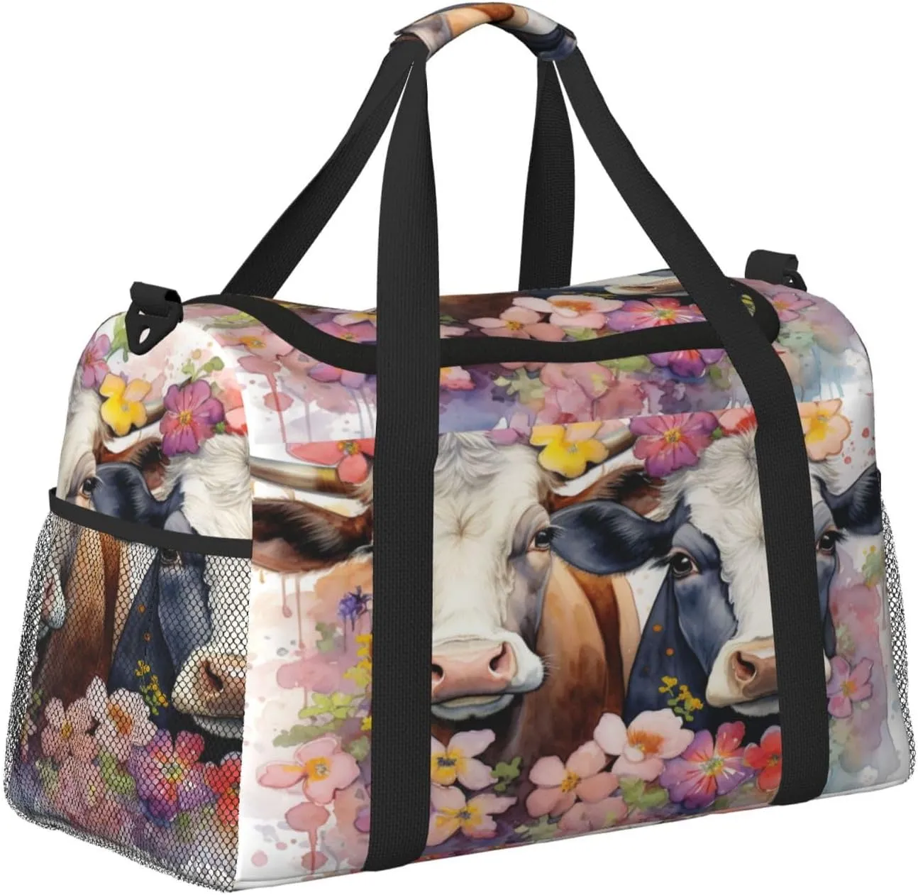 Travel Duffel Bag For Men Women, Watercolor Floral Cows Painted Farm Animal Carry On Sport Gym Bag With Shoulder Strap Lightweight Waterproof Weekender Bag Overnight Bag
