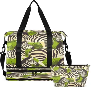 Travel Duffel Bag Zebras and Leaf Gym Duffel Bag for Men & Women with Shoe & Wet Compartment Shoulder Weekender Overnight Bag