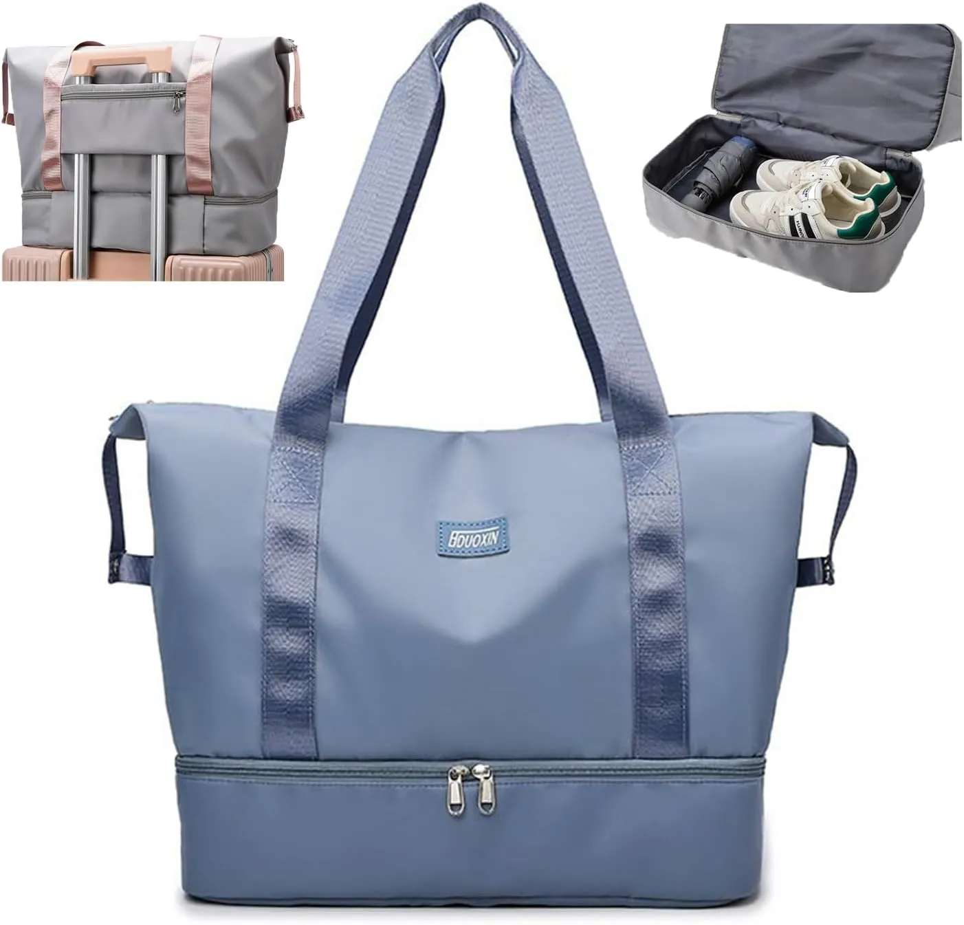 Travel Duffle Bag, Waterproof Large Foldable Airline Approved Tote Bag, Weekender, Overnight Gym Dry&Wet Separation Carry On, Hospital Bag for Labor and Delivery with Luggage Sleeve (Blue)