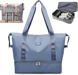 Travel Duffle Bag, Waterproof Large Foldable Airline Approved Tote Bag, Weekender, Overnight Gym Dry&Wet Separation Carry On, Hospital Bag for Labor and Delivery with Luggage Sleeve (Blue)