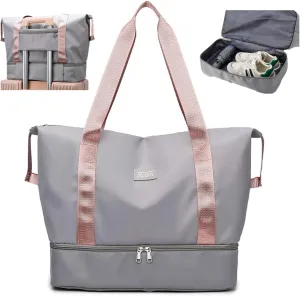 Travel Duffle Bag, Waterproof Large Foldable Airline Approved Tote Bag, Weekender, Overnight Gym Dry&Wet Separation Carry On, Hospital Bag for Labor and Delivery with Luggage Sleeve (Grey)