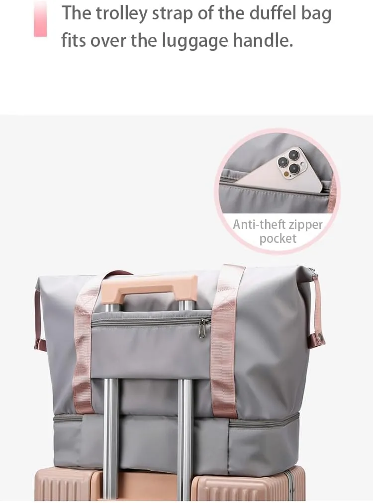 Travel Duffle Bag, Waterproof Large Foldable Airline Approved Tote Bag, Weekender, Overnight Gym Dry&Wet Separation Carry On, Hospital Bag for Labor and Delivery with Luggage Sleeve (Pink)