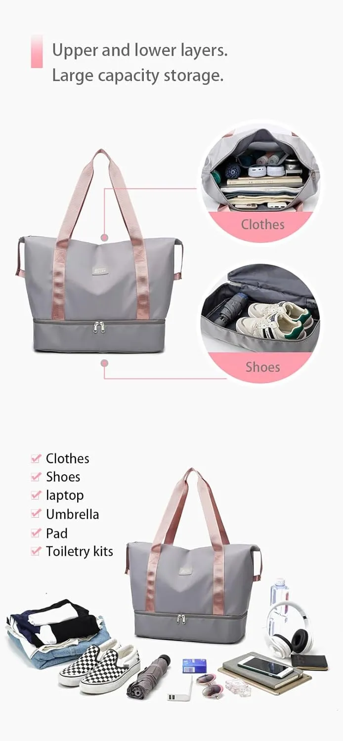 Travel Duffle Bag, Waterproof Large Foldable Airline Approved Tote Bag, Weekender, Overnight Gym Dry&Wet Separation Carry On, Hospital Bag for Labor and Delivery with Luggage Sleeve (Pink)