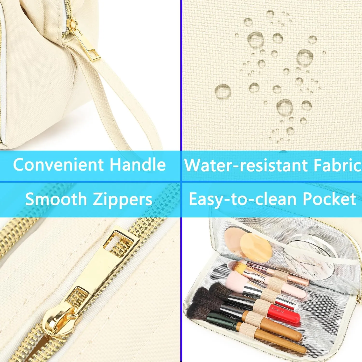 Travel Makeup Bag, Wide-open Cosmetic Bag Make Up Organizer Case with Brushes Pocket for Women, Large Family Toiletry Bag Skincare Pouch for Toiletries Accessories